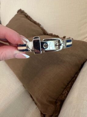 Vintage Ralph Lauren Silver Buckle Bracelet with Navy and Cream Stripe